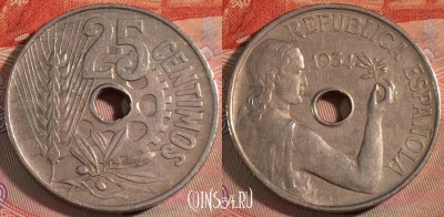Испания 25 сентимо 1934 года, KM# 751, 278-107