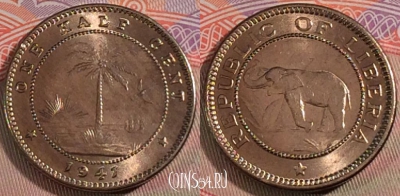 Либерия 1/2 цента 1941 года, KM# 10a, UNC, 279-026