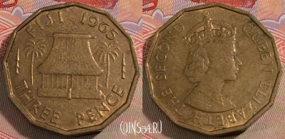 Фиджи 3 пенса 1965 года, KM# 22, UNC, 279-033