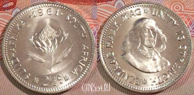 ЮАР 2 1/2 цента 1961 года, KM# 58, UNC, 279-035
