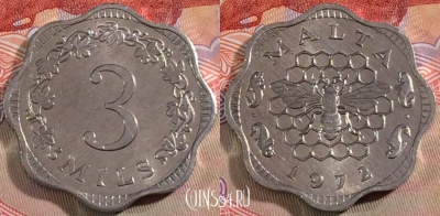 Мальта 3 милс 1972 года, KM# 6, UNC, 279-070