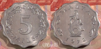 Мальта 5 милс 1972 года, KM# 7, UNC, 279-071