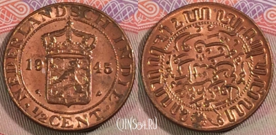 Голландская Ост-Индия 1/2 цента 1945 г., UNC, 279-074 ♛
