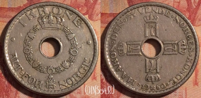 Норвегия 1 крона 1950 года, KM# 385, 282-064