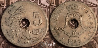 Бельгия 5 сантимов 1904 года, KM# 55, 64-049b