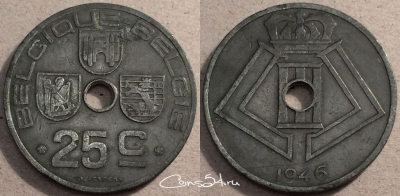 Бельгия 25 сантимов 1946 года, KM# 131, 087-015b