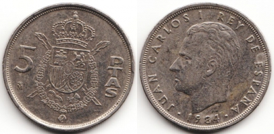 Испания 5 песет 1984 года, KM# 823, 54-159