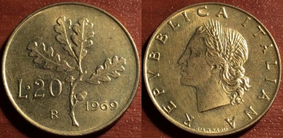 Италия 20 лир 1969 R, 57-135
