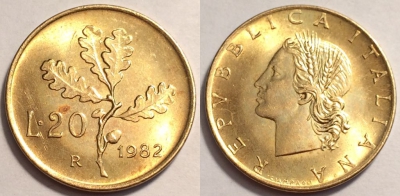 Италия 20 лир 1982 года, KM# 97, 070-020b