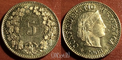 Швейцария 5 раппен 2008 года, KM# 26c, 56-106