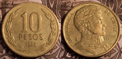 Чили 10 песо 1998, см. состояние, 65-047b