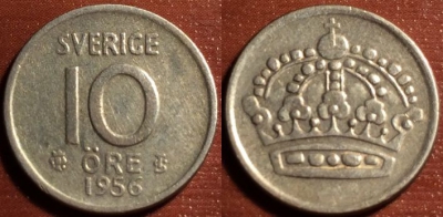 Швеция 10 эре 1956 серебро, 51-183
