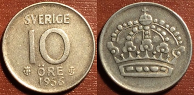 Швеция 10 эре 1956 серебро, 51-185