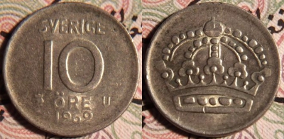 Швеция 10 эре 1962 серебро, 51-194