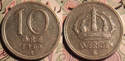 Швеция 10 эре 1950 года, KM# 813, 051-198