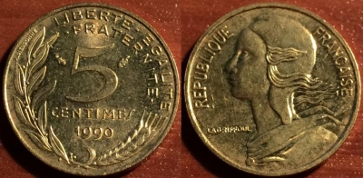 Франция 5 сантимов 1990, см. состояние, 60-050b