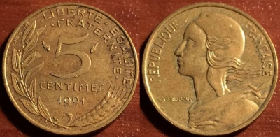 Франция 5 сантимов 1991, см. состояние, 60-051a