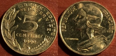 Франция 5 сантимов 1990, см. состояние, 60-050a