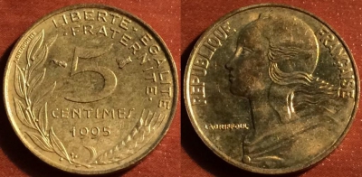 Франция 5 сантимов 1995, см. состояние, 60-053b