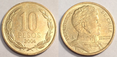 Чили 10 песо 2006, см. состояние, 68-040b