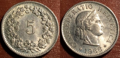 Швейцария 5 раппен 1966 года, KM# 26, 56-088