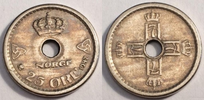 Норвегия 25 эре 1947 года, KM# 384, 81-049b