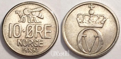 Норвегия 10 эре 1962 года, KM# 411, 081-015b