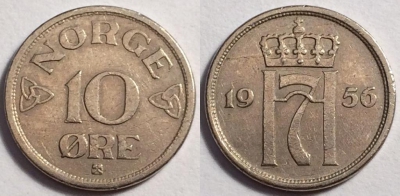 Норвегия 10 эре 1956 года, см. состояние, 81-023b