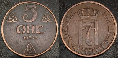 Норвегия 5 эре 1936, см. состояние, 82-067b