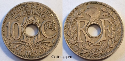 Франция 10 сантимов 1934 года, KM# 866a, 082-004b