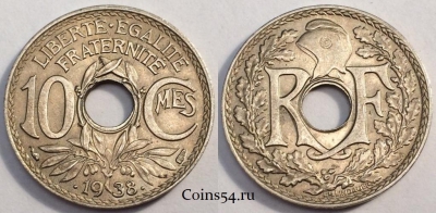Франция 10 сантимов 1938 года, KM# 889, 82-021a