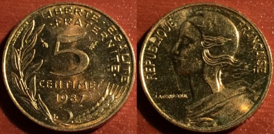 Франция 5 сантимов 1987, см. состояние, 60-049a