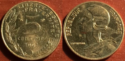 Франция 5 сантимов 1997, см. состояние, 60-054a