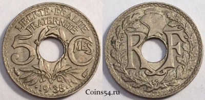 Франция 5 сантимов 1938 года, KM# 875a, 81-045a