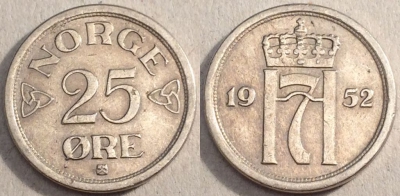 Норвегия 25 эре 1952, см. состояние, 84-049a