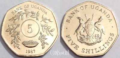 Уганда 5 шиллингов 1987 UNC, 74-001b