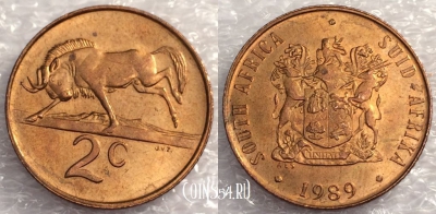 ЮАР 2 цента 1989 года, см. состояние, 77-008a