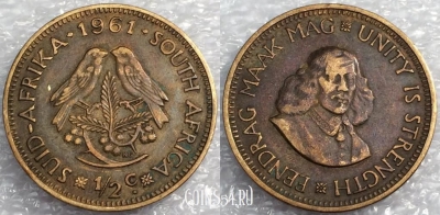 ЮАР 1/2 цента 1961 года, см. состояние, 75-068a