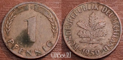 Германия ФРГ 1 пфенниг 1950 года, KM# 105, 78-068b