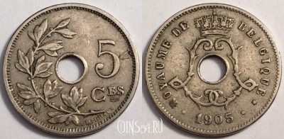 Бельгия 5 сантимов 1905 года, BELGIQUE, KM# 54, 081-008a