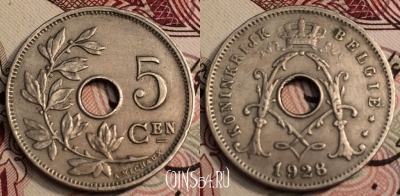 Бельгия 5 сантимов 1928 года, KM# 67, 67-002b