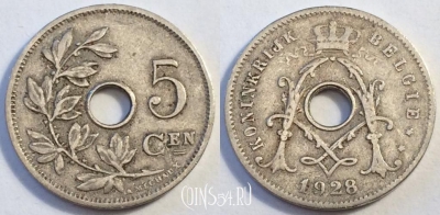 Бельгия 5 сантимов 1928 года, KM# 67, 82-011b