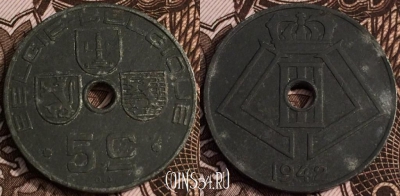 Бельгия 5 сантимов 1942 года, KM# 124, 064-060a