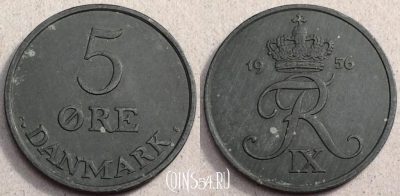 Дания 5 эре 1956 года, KM# 843, 79-044b