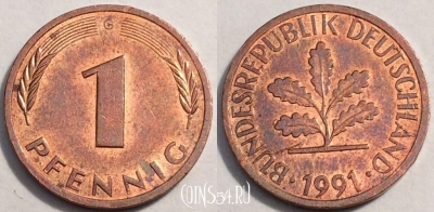 Германия ФРГ 1 пфенниг 1991 года, KM# 105, 85-029b