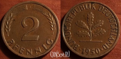 Германия ФРГ 2 пфеннига 1950 года J, KM# 106, 050-164