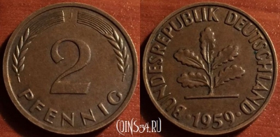 Германия ФРГ 2 пфеннига 1959 года J, KM# 106, 050-165