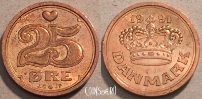 Дания 25 эре 1991 года, KM# 868, 093-050