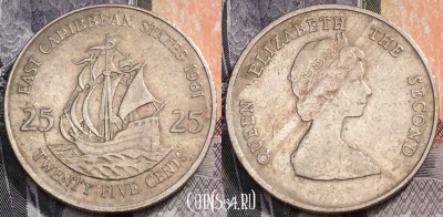 Восточные Карибы 25 центов 1981 года, KM# 14, 093-072