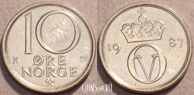 Норвегия 10 эре 1987 года, KM# 416, 093-132